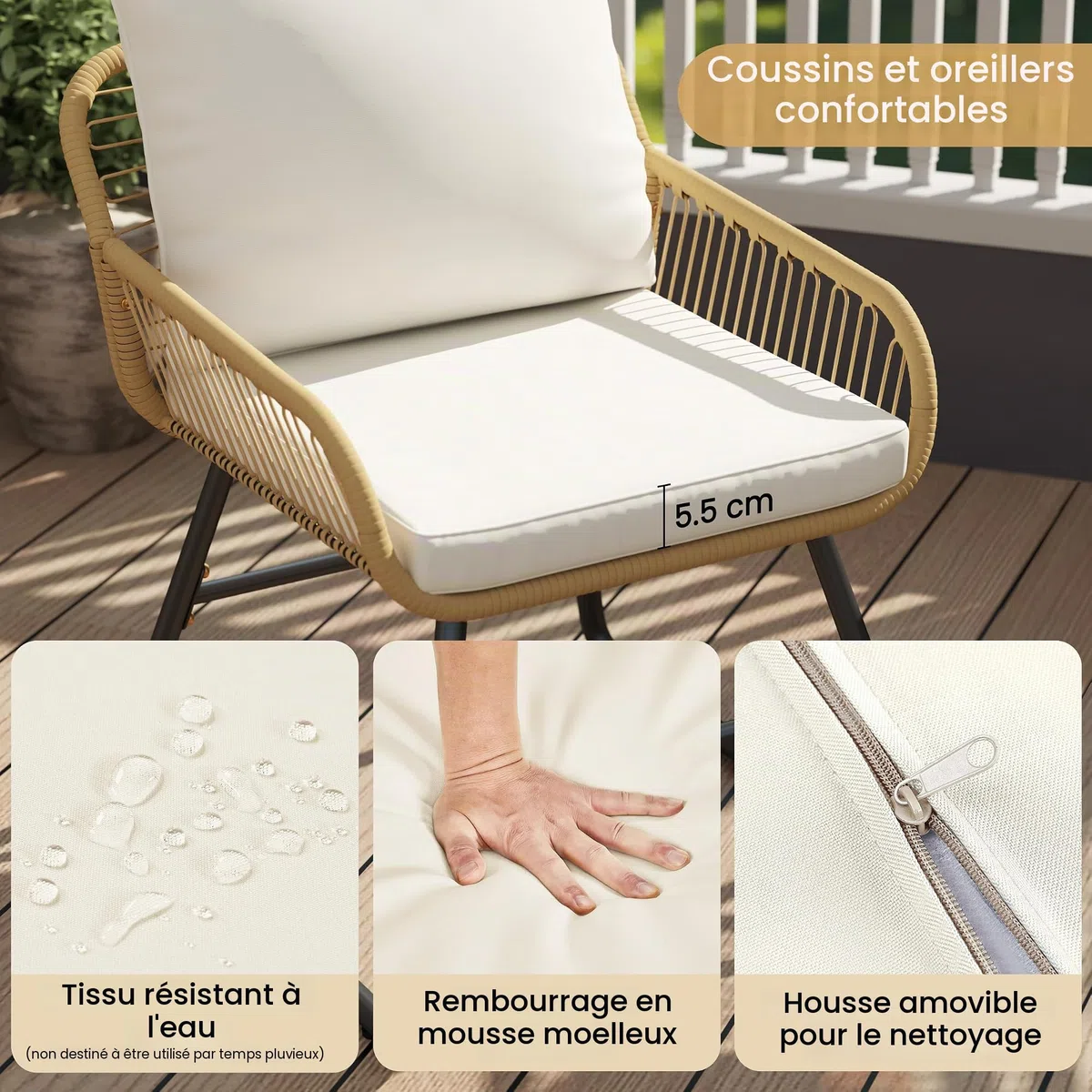 Yaheetch - Ensemble de 3 Meubles de bistrot en polyrotin avec 2 chaises - Petit Balcon, Salon de Jardin, extérieur, Marron Clair et Blanc crème