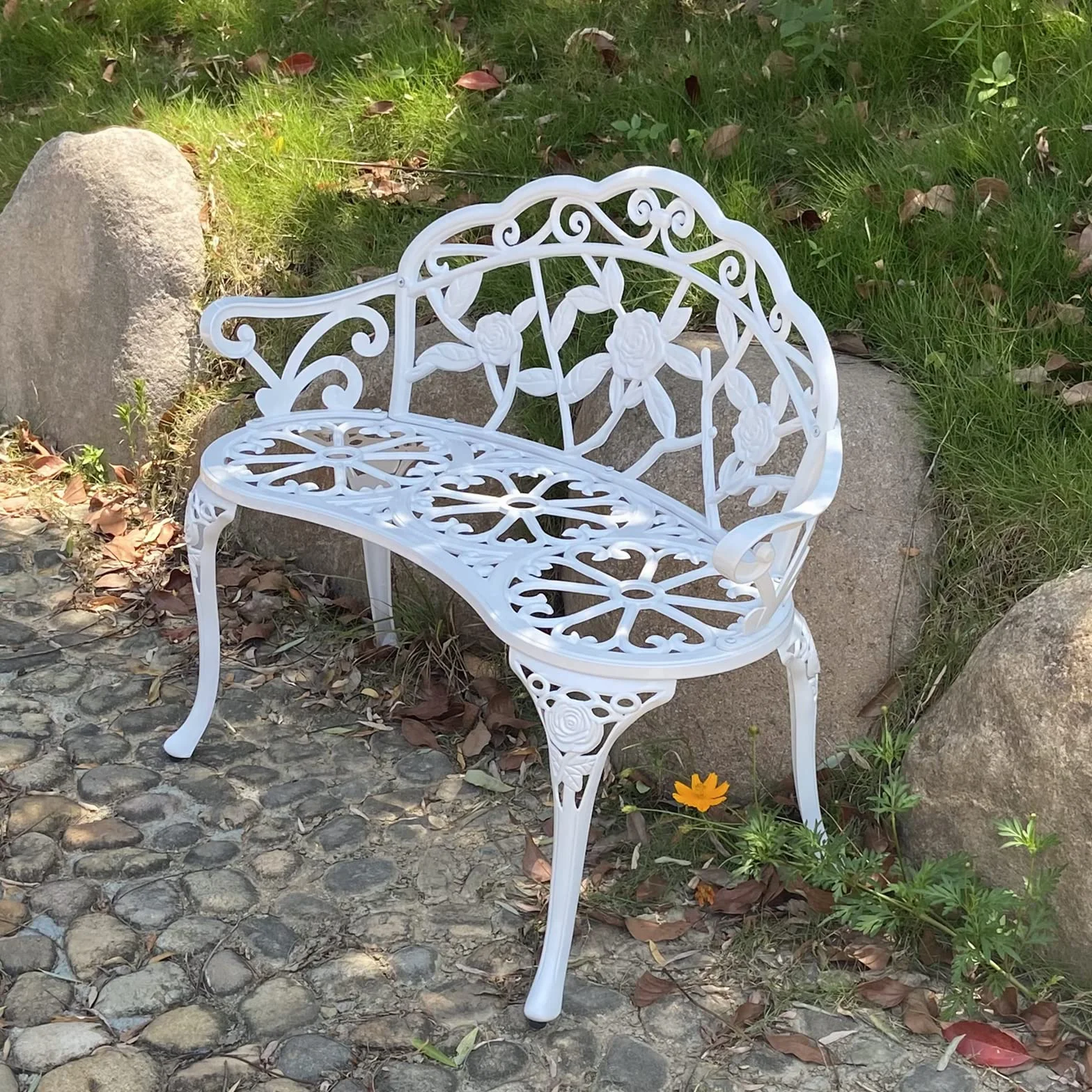 Banc de jardin, rose en aluminium, convient pour jardin, véranda, parc, véranda, balcon en plein air (blanc)