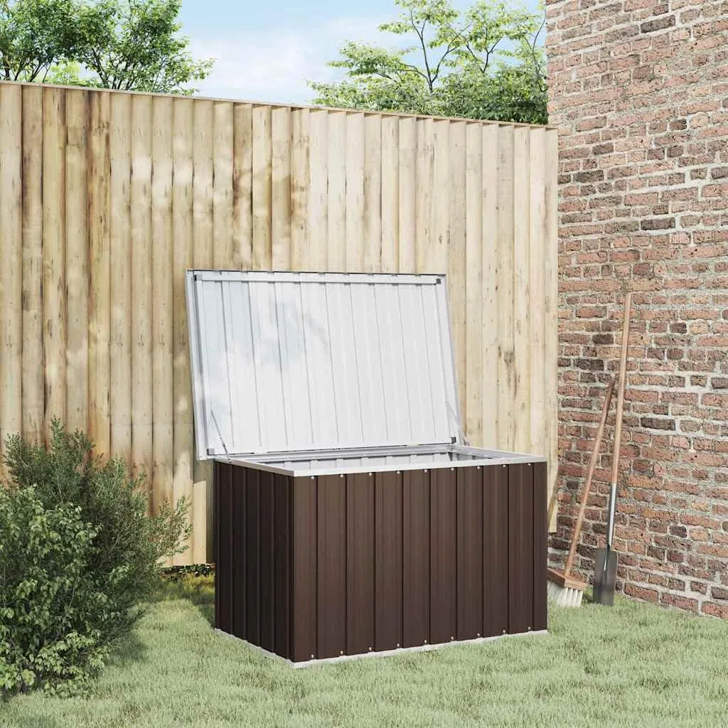 Boîte de rangement de jardin marron en acier galvanisé et plastique - 109 x 67 x 65 cm - Grand espace de rangement - Coffre de rangement avec couvercle rabattable - Résistant aux intempéries