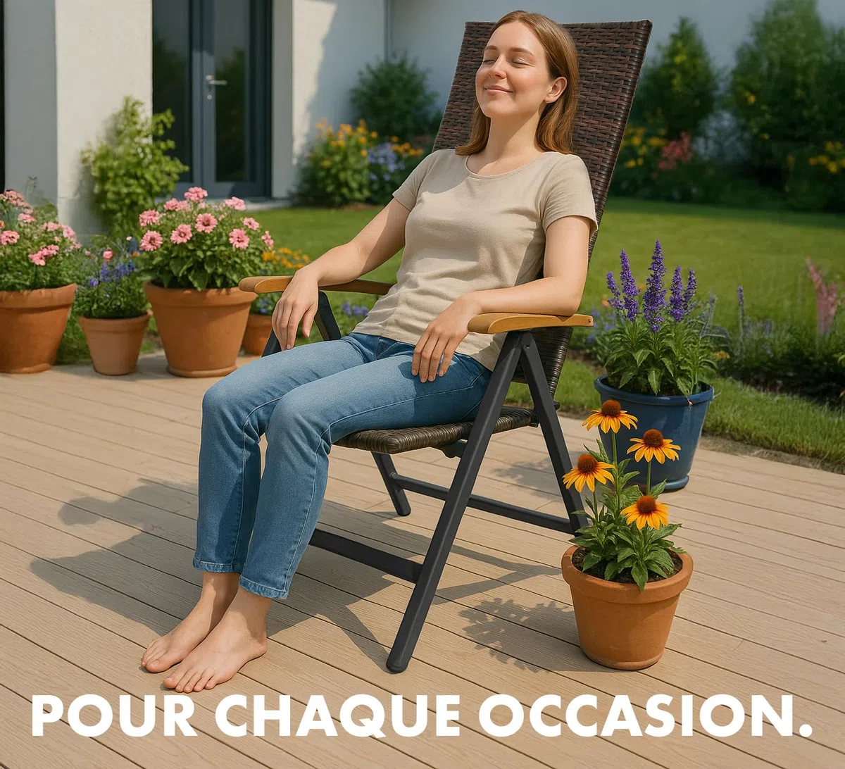 BRUBAKER Modena Chaise de Jardin Poly Rattan - Chaise à Dossier Haut réglable en 7 Positions - Rembourré - Imperméable - Métal - Gris/Brun