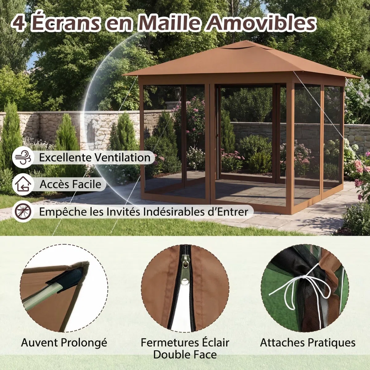 RELAX4LIFE Tonnelle Pliante 3x3 avec Moustiquaires, Tonnelle de Jardin Exterieur Pop-up Facile à Monter, Protection Solaire, Cadre Métallique, Sac de Transport, Pavillon de Jardin pour Terrasse