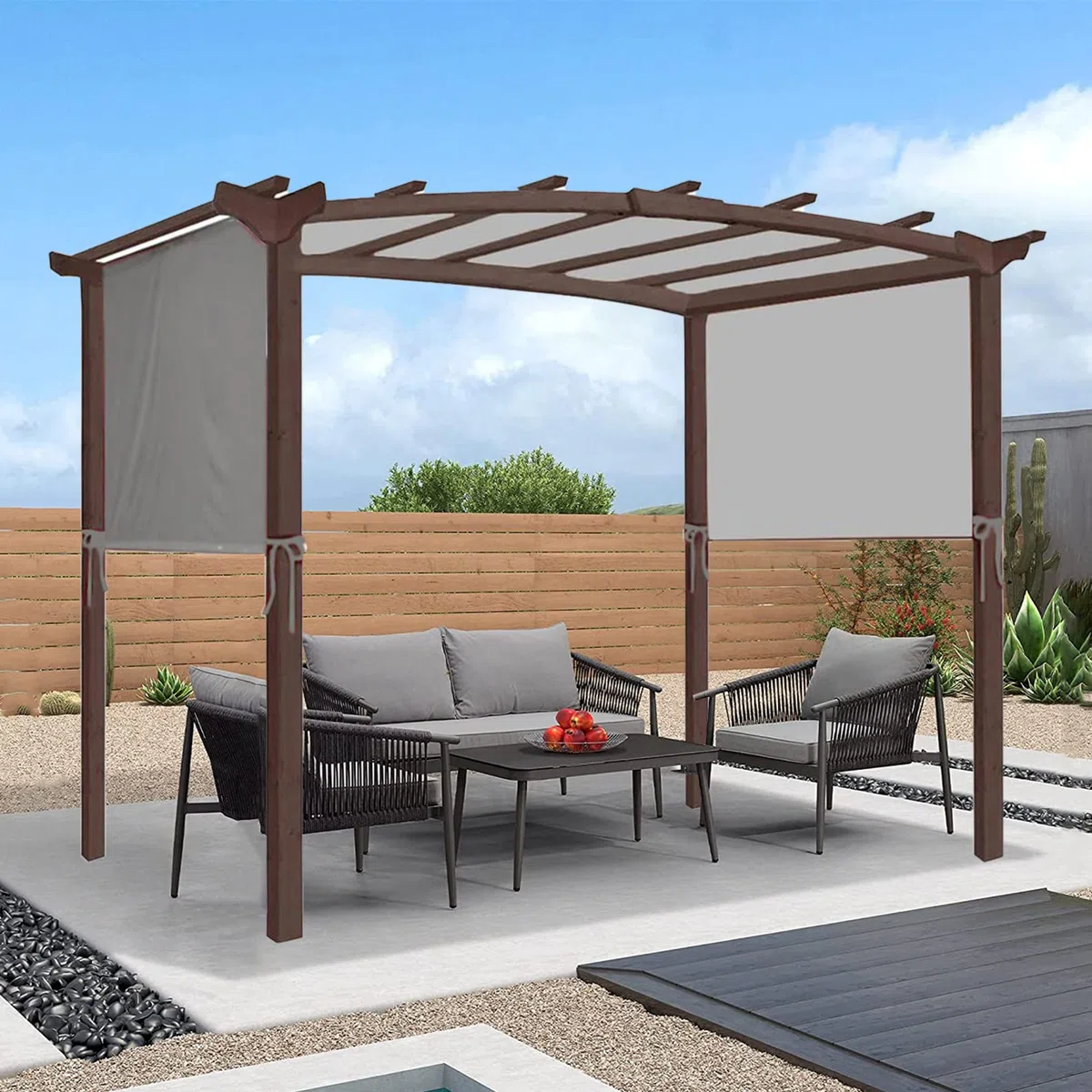 Housse de pergola imperméable – Auvent de rechange pour structures incurvées – Pare-soleil de tonnelle avec 4 sangles de fixation – Gris – 5,4 x 2,5 m – Protection extérieure
