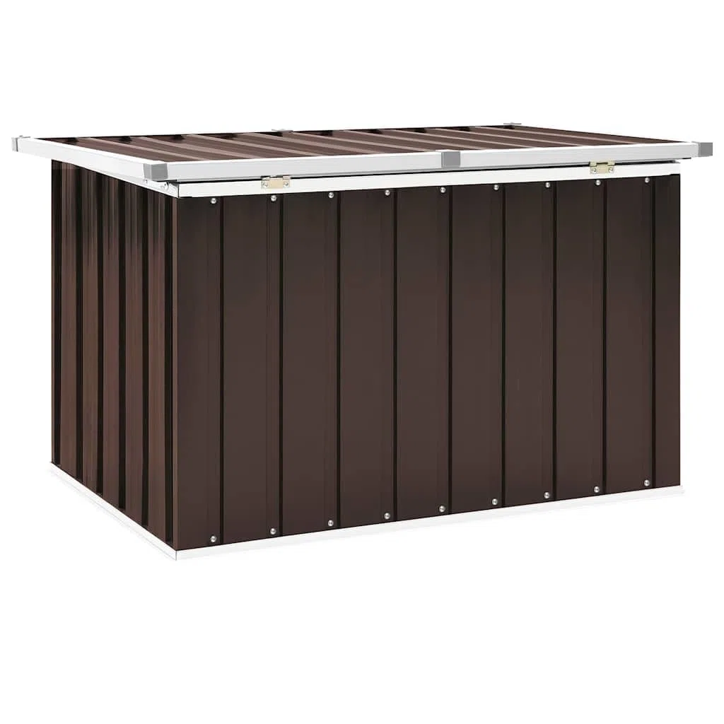 Boîte de rangement de jardin marron en acier galvanisé et plastique - 109 x 67 x 65 cm - Grand espace de rangement - Coffre de rangement avec couvercle rabattable - Résistant aux intempéries